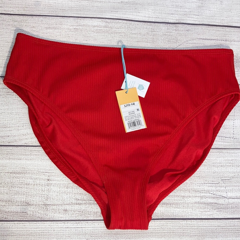 Ribbed high-rise bikini bottoms red